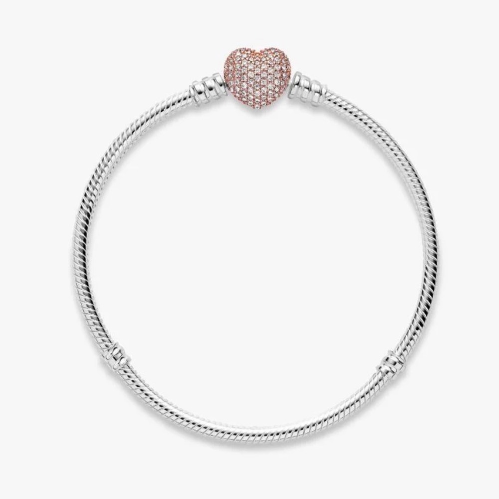 NEW Pandora Moments Pavé Heart Clasp Snake Chain Bracelet Two Tone Sterling Silv